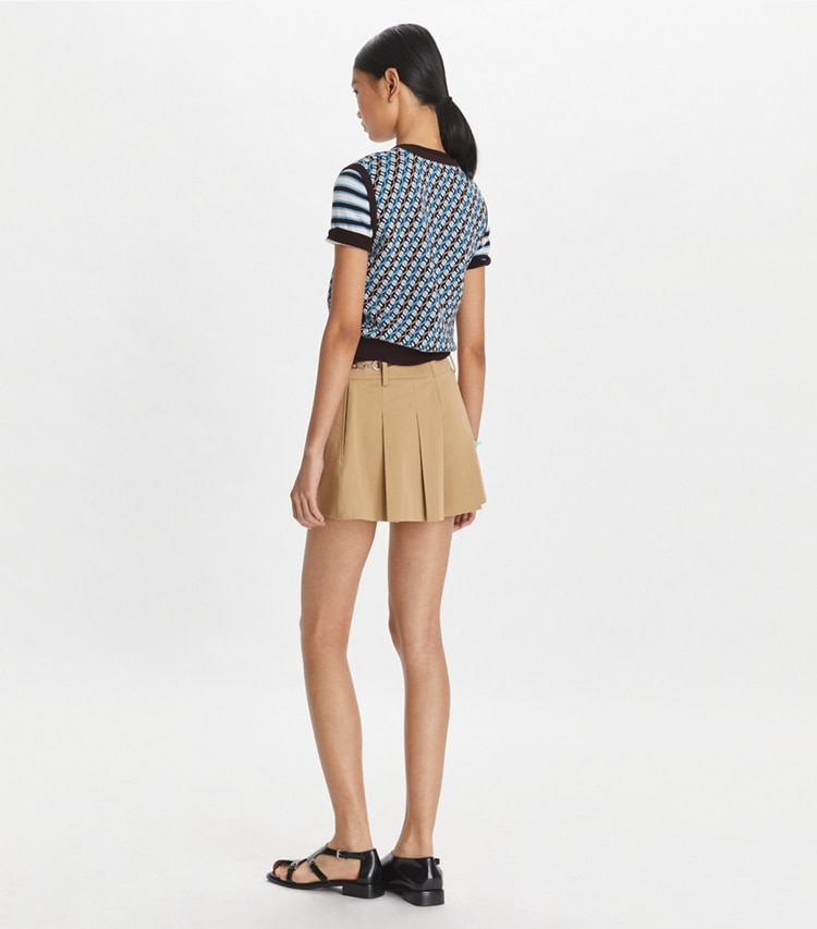 Tory Sport designer bottoms Micro Twill Pleated Short in Chestnut Khaki on model back