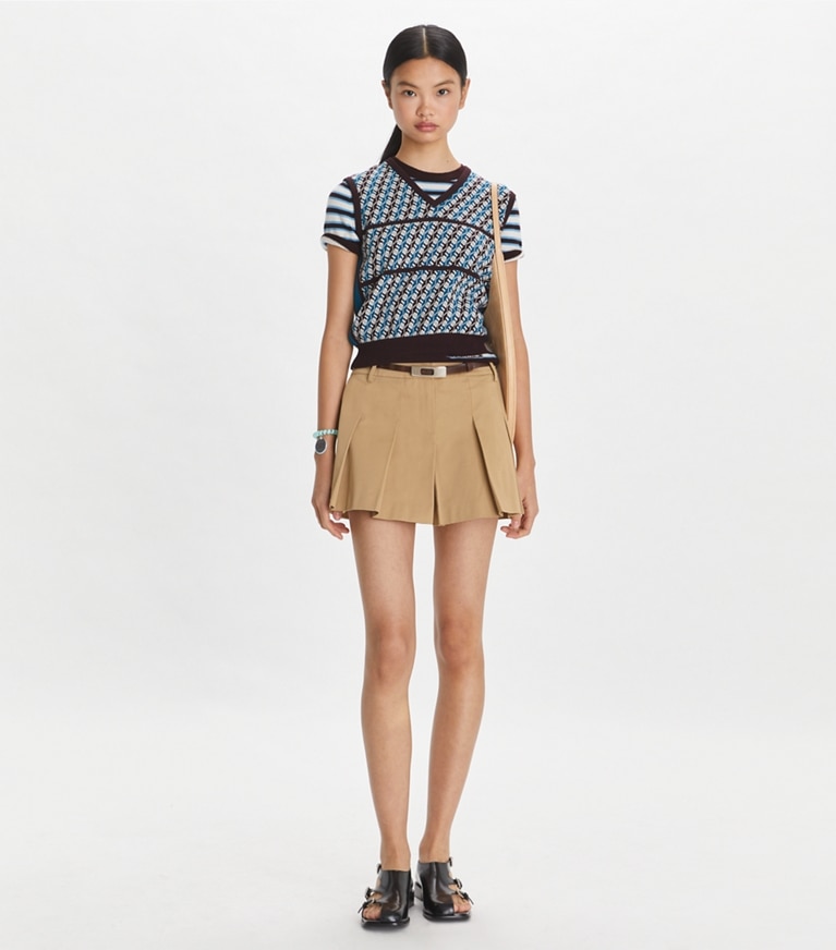 Tory Sport designer bottoms Micro Twill Pleated Short in Chestnut Khaki front