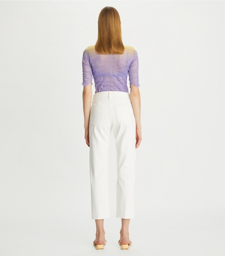 Tory Burch designer bottoms Mid-Rise Cropped Jeans in White Wash on model back