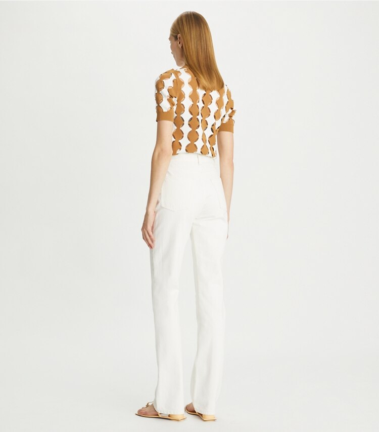 Tory Burch designer bottoms Mid-Rise Slim Straight Jean in White Wash on model back
