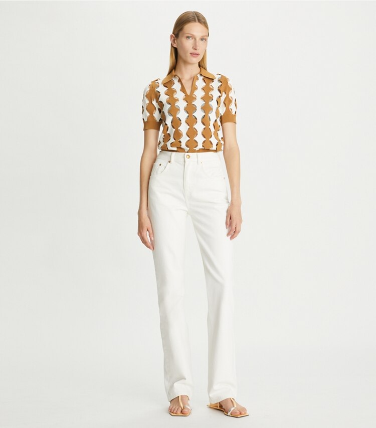 Tory Burch designer bottoms Mid-Rise Slim Straight Jean in White Wash on model front