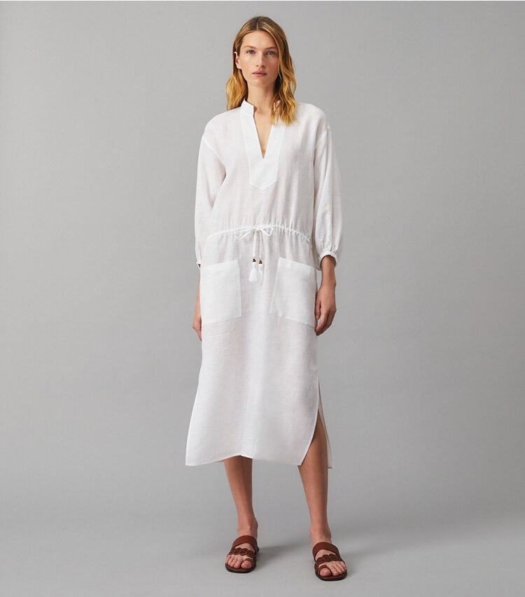 Tory Burch designer coverups Midi Tunic Dress in White on model front