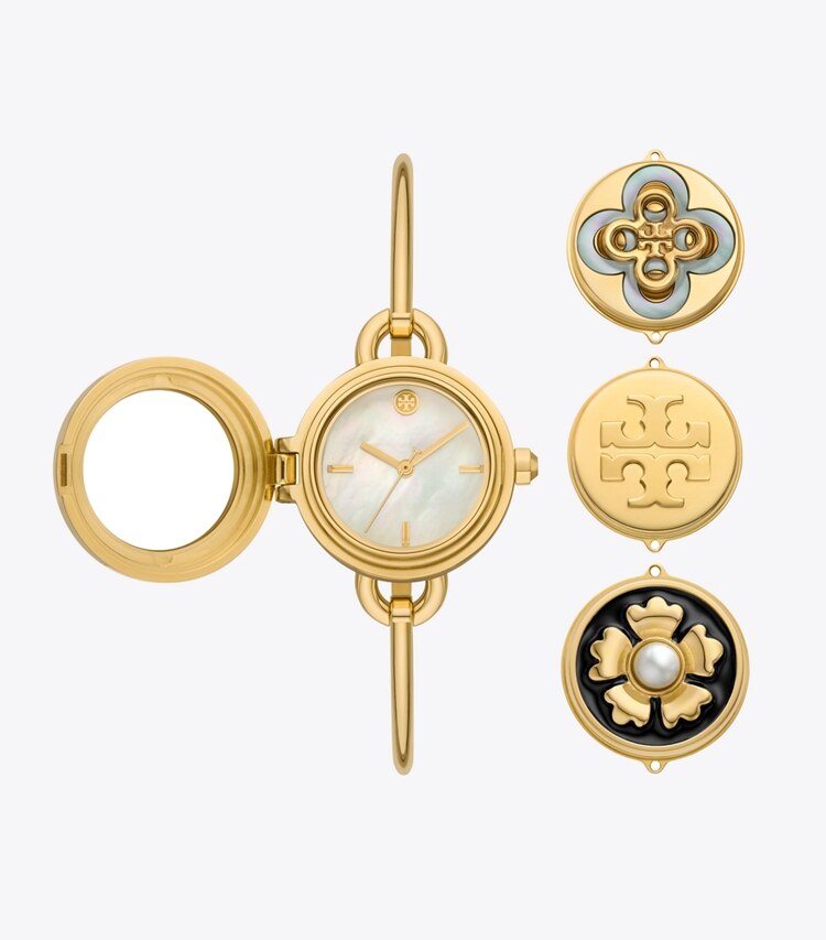 Tory Burch designer armbanduhren Miller Armbanduhren-Geschenkset aus goldfarbenem Edelstahl in MOP/STONES/PEARL front