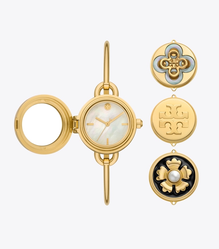 Tory Burch designer armbanduhren Miller Armbanduhren-Geschenkset aus goldfarbenem Edelstahl in MOP/STONES/PEARL front