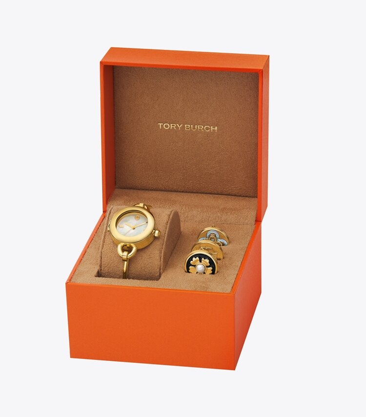 Tory Burch designer armbanduhren Miller Armbanduhren-Geschenkset aus goldfarbenem Edelstahl in MOP/STONES/PEARL watches box