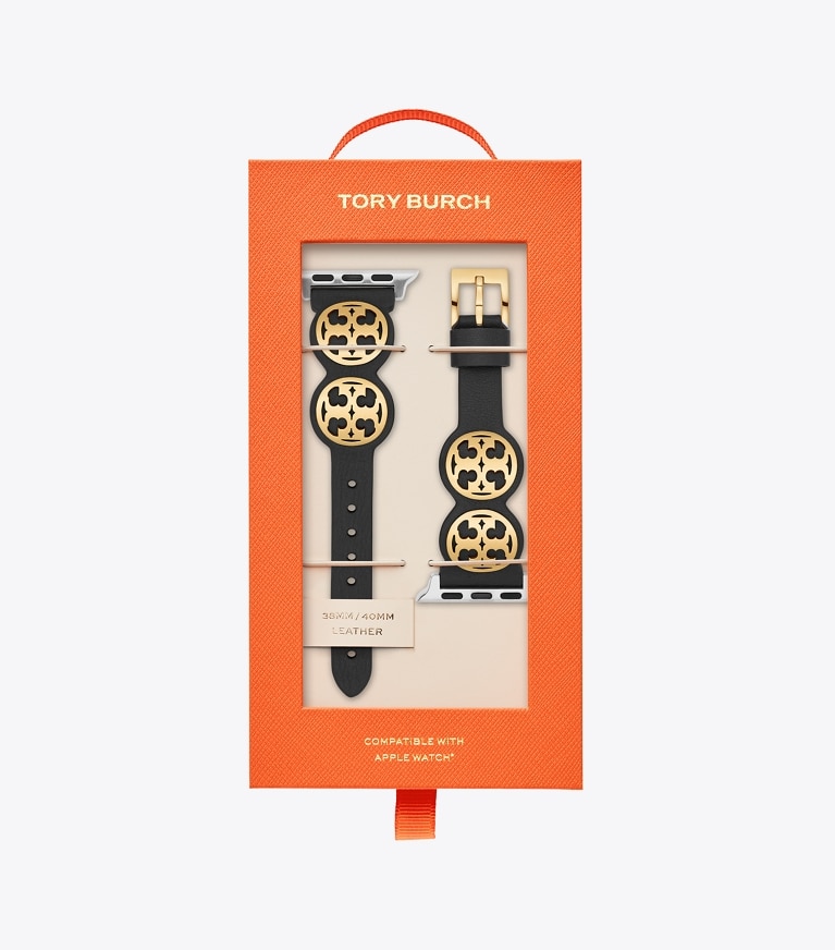 Tory Burch Miller Black Leather Gold Logo Stud Apple Watch Band outlet Strap 38mm/40mm