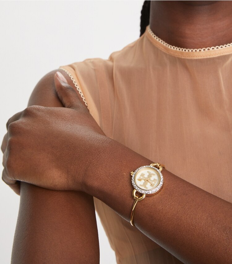 Tory Burch designer strap watches Miller Bangle Watch in IVORY/GOLD/MULTI TOP RINGS accessory on model