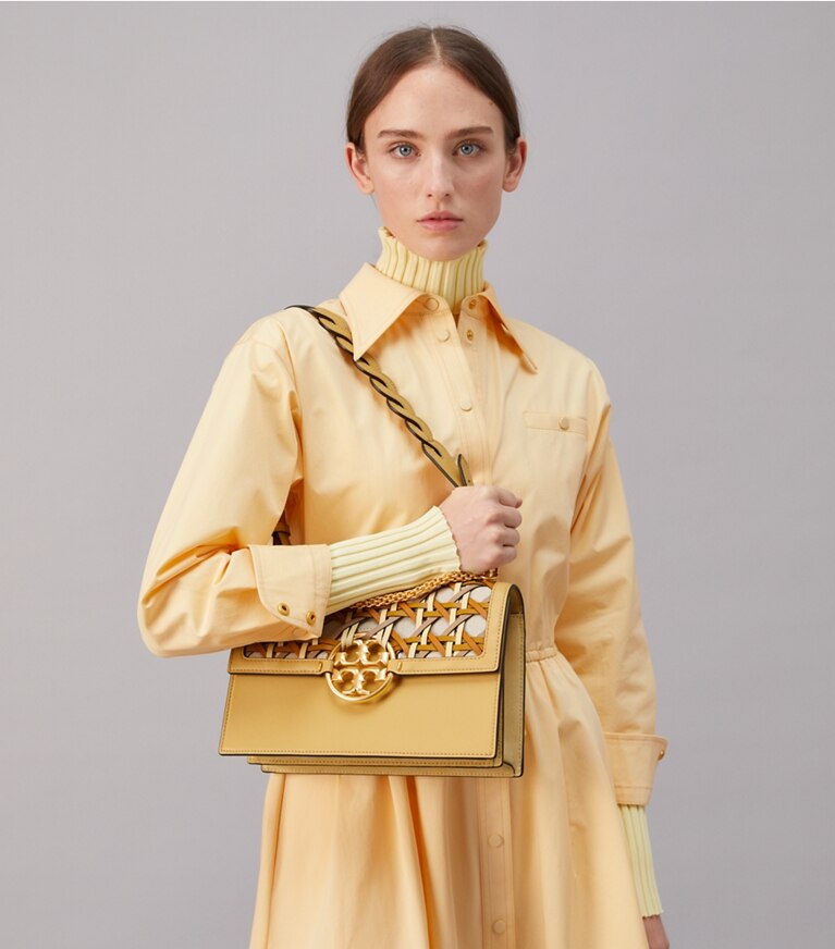 Tory Burch designer shoulder bags Miller Basket-Weave Shoulder Bag in CORNBREAD angle