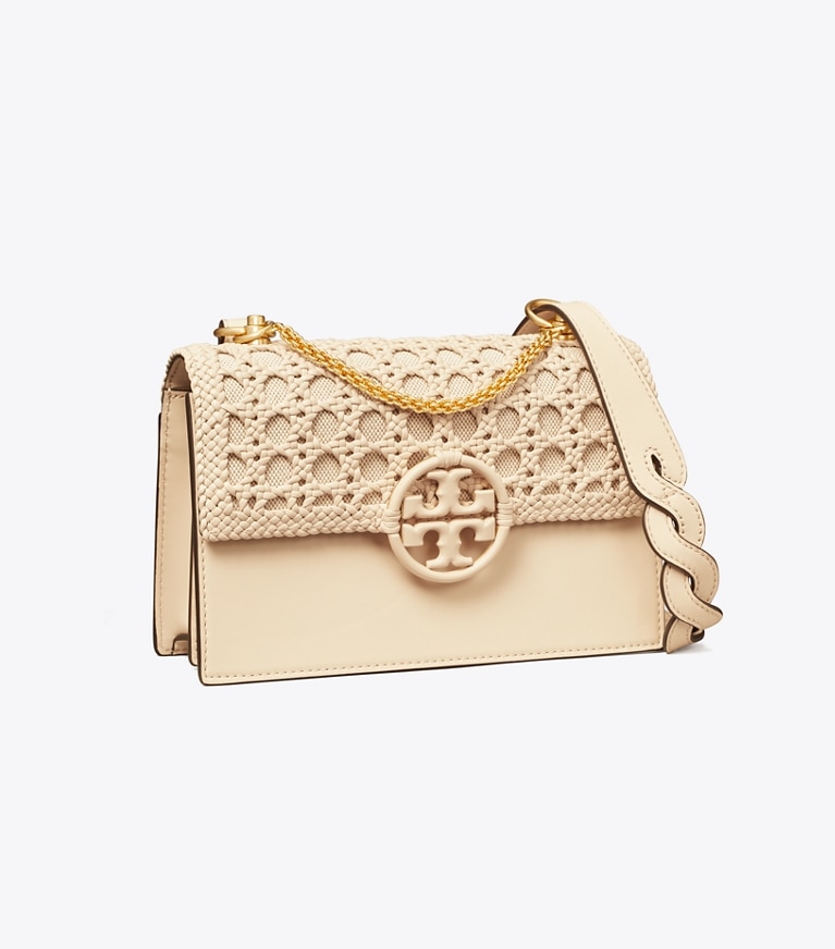 Tory Burch designer shoulder bags Miller Basket-Weave Small Flap Shoulder Bag  in BRIE angle