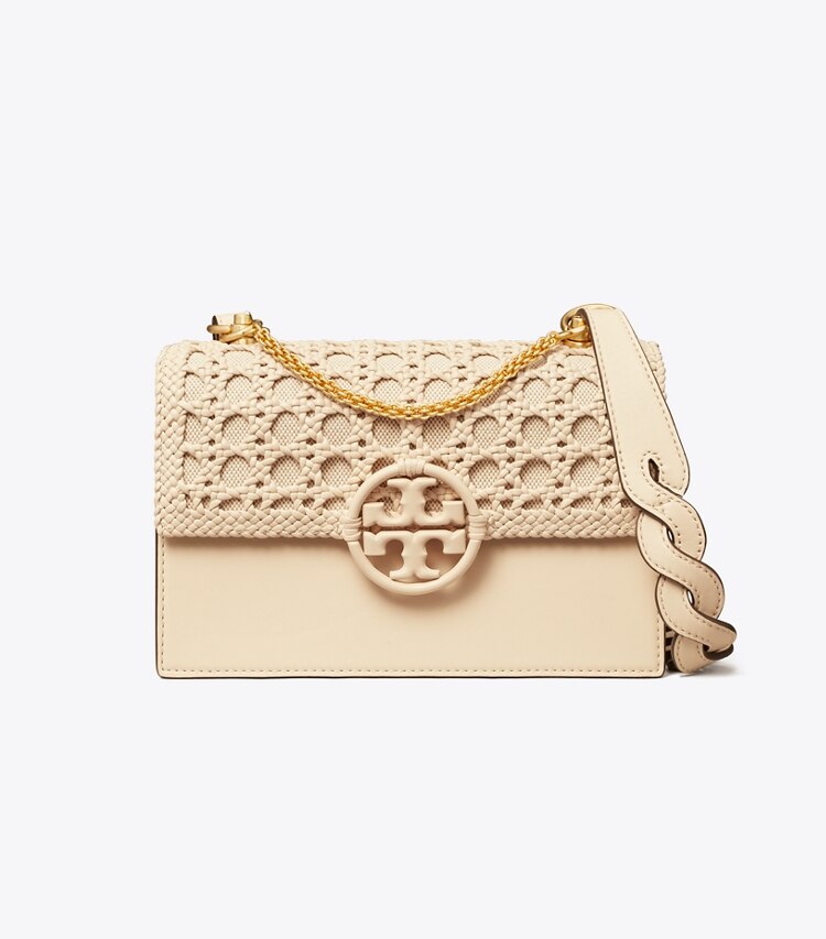 Tory Burch designer shoulder bags Miller Basket-Weave Small Flap Shoulder Bag  in BRIE front