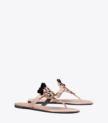 Tory Burch designer sandals Miller Bow Satin Sandal in SATIN BLUSH / PERFECT BLACK angle