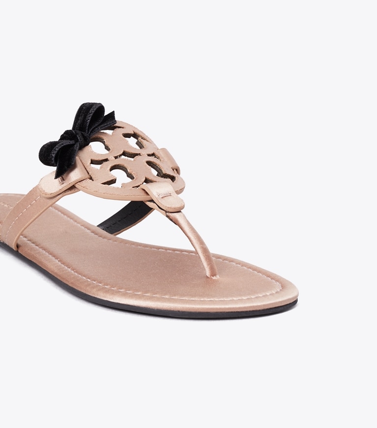 Tory Burch designer sandals Miller Bow Satin Sandal in SATIN BLUSH / PERFECT BLACK detail