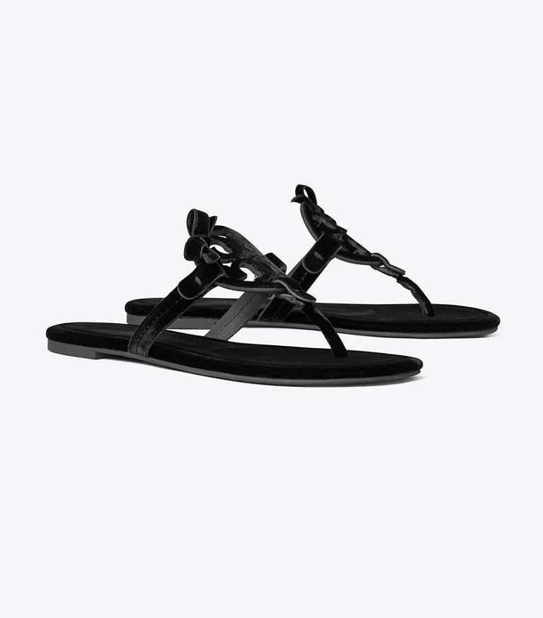 Tory Burch designer sandals Miller Bow Velvet Sandal in PERFECT BLACK / PERFECT BLACK angle
