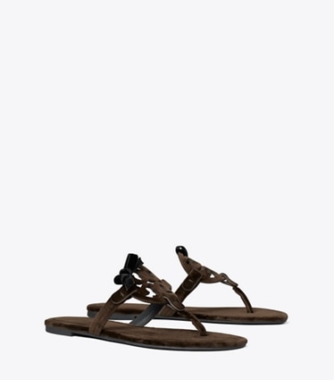 Tory Burch designer sandals Miller Bow Velvet Sandal in CHESTNUT / BLACK angle