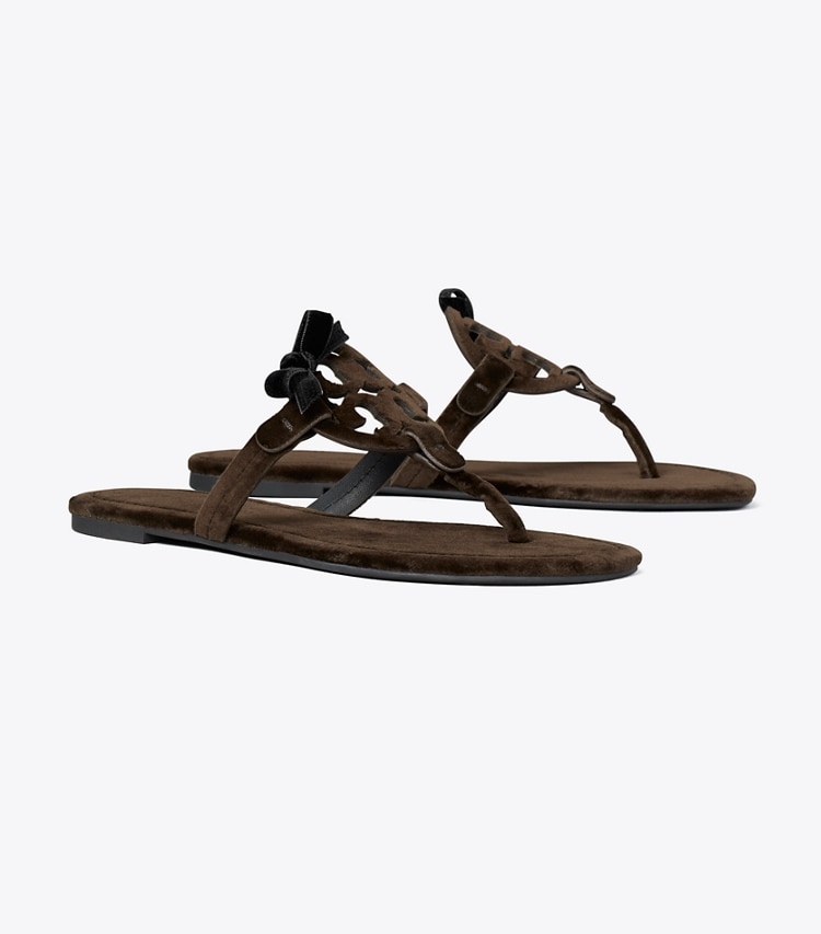 Tory Burch designer sandals Miller Bow Velvet Sandal in CHESTNUT / BLACK angle