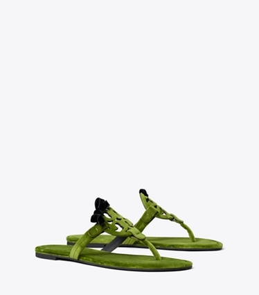 Tory Burch designer sandals Miller Bow Velvet Sandal in LEAF GREEN / BLACK angle