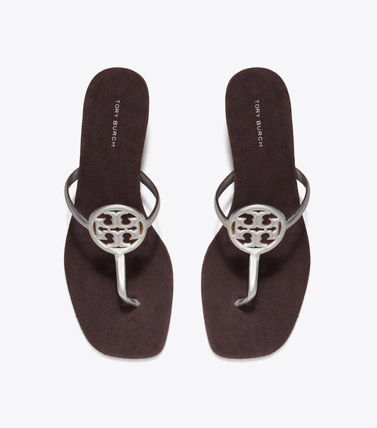 Tory Burch designer sandals Miller Capri Kitten Heel in SILVER / COCOA overhead