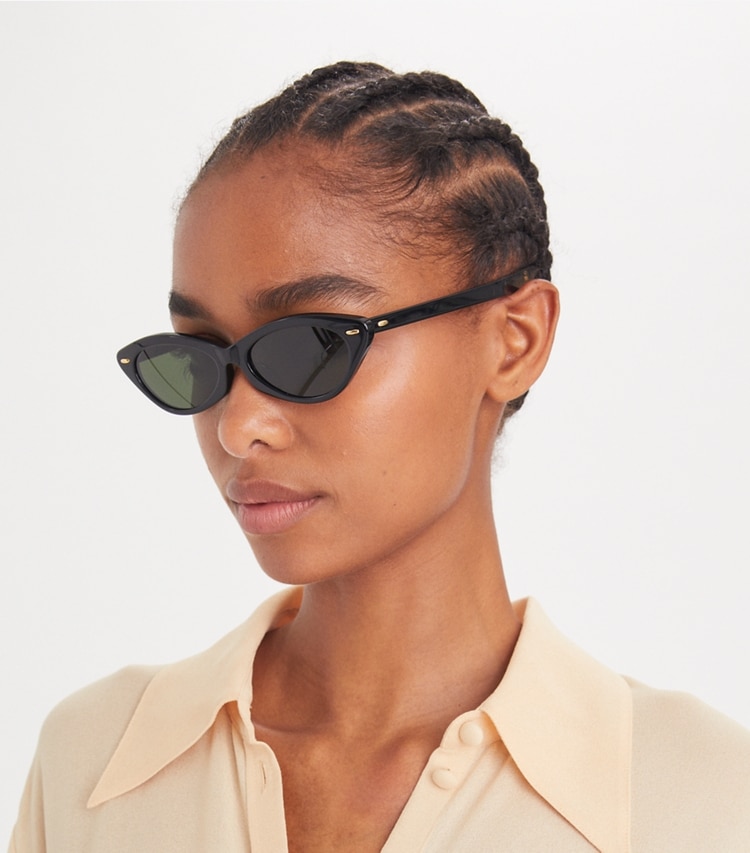 Tory Burch designer sunglasses & eyewear Miller Cat-Eye Sunglasses in BLACK/DARK GREEN accessory on model