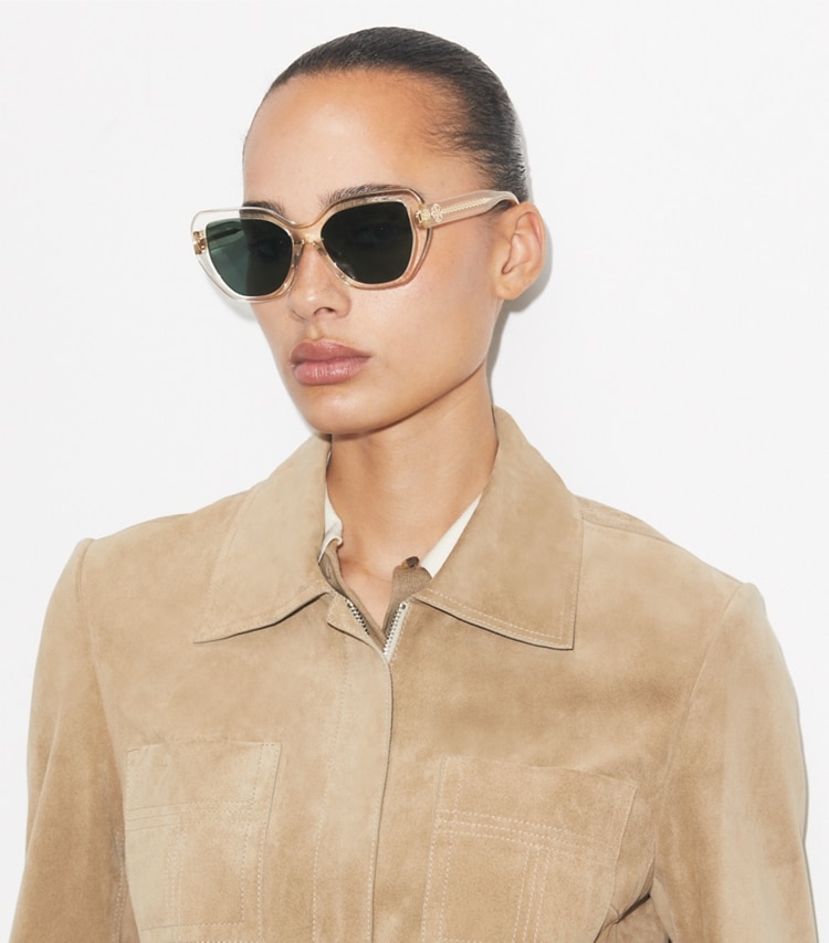 Tory Burch designer sunglasses & eyewear Miller Cat-Eye Sunglasses in TRANSPARENT PINOT/DARK GREEN accessory on model