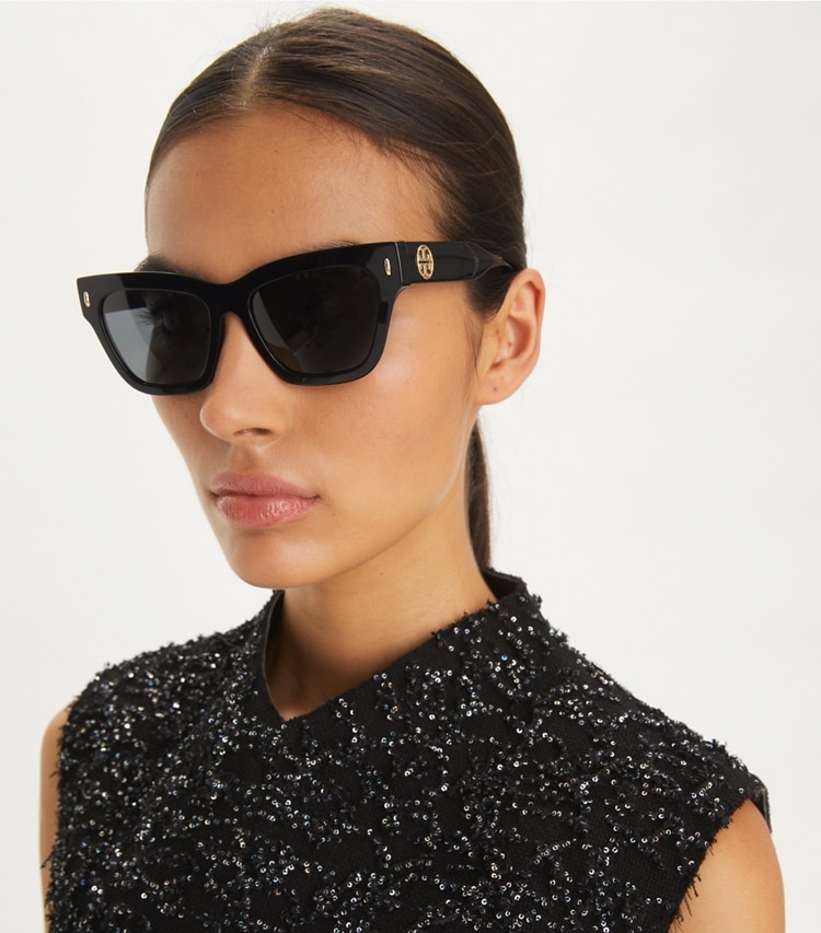 Tory Burch designer sunglasses & eyewear Miller Cat-Eye Sunglasses in BLACK/DARK GREY POLAR accessory on model