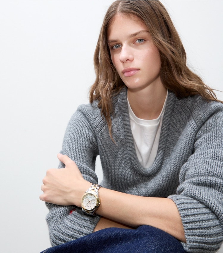 Tory Burch designer strap watches Miller Chronograph in MOP/TWO-TONE accessory on model