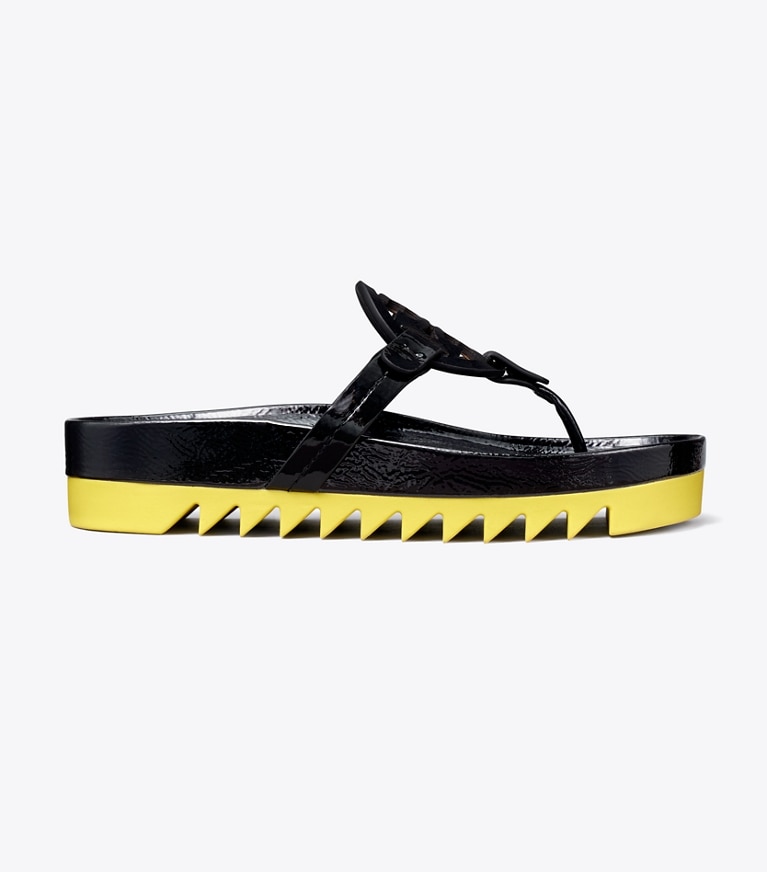 Tory Burch designer sandals Miller Cloud Lug Sandal in PERFECT BLACK / CITRUS angle