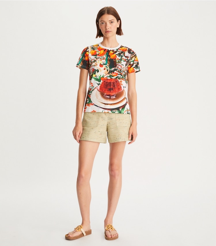 Tory Burch designer sandals Miller Cloud Sandal in Multi / Cork accessory on model