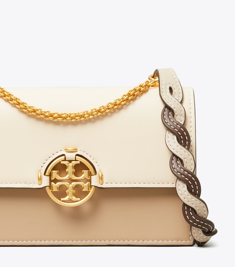 Tory Burch designer crossbody bags Miller Color-Block Mini Bag in BRIE / ALMOND FLOUR angle