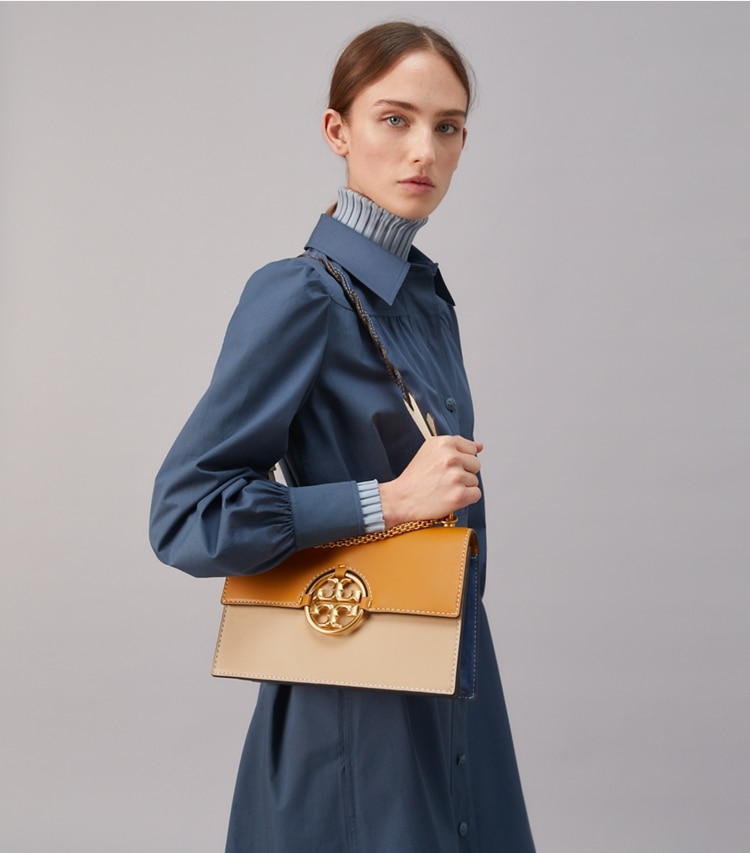 Tory Burch designer shoulder bags Miller Color-Block Shoulder Bag in CARAMEL CORN / DROMEDARY accessory on model