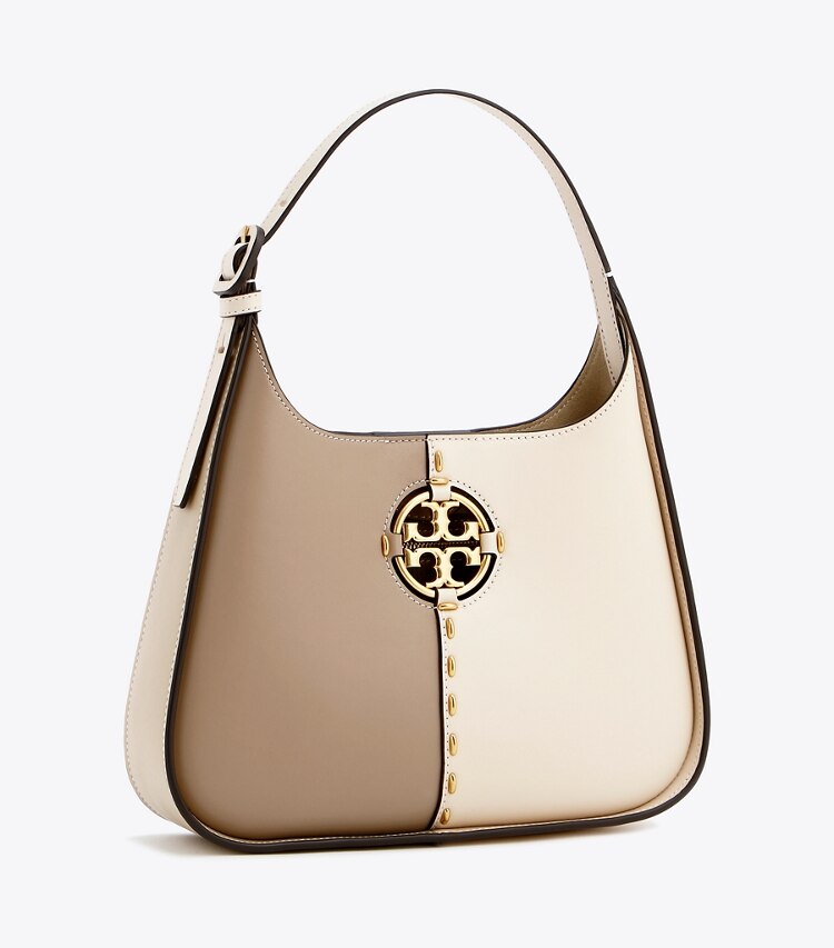 Tory Burch designer hobo bags Miller Color-Block Small Classic Shoulder Bag in BRIE / ALMOND FLOUR angle