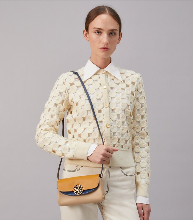 Tory Burch designer mini bags Miller Color-Block Wallet Crossbody in CARAMEL CORN / Dromedary accessory on model