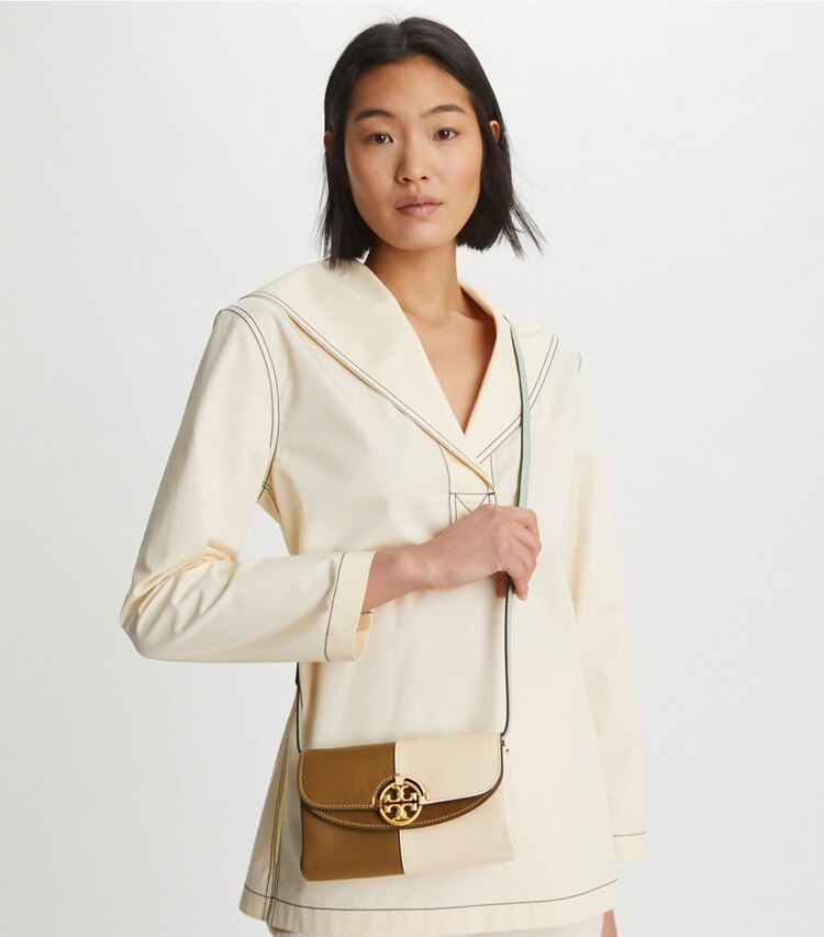 Tory Burch designer mini bags Miller Colorblock Wallet Crossbody in TOASTED SESAME / BRIE accessory on model