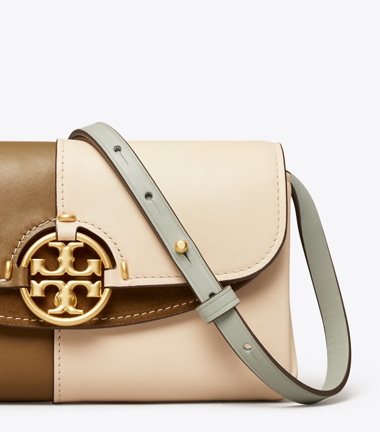 Tory Burch designer mini bags Miller Colorblock Wallet Crossbody in TOASTED SESAME / BRIE angle