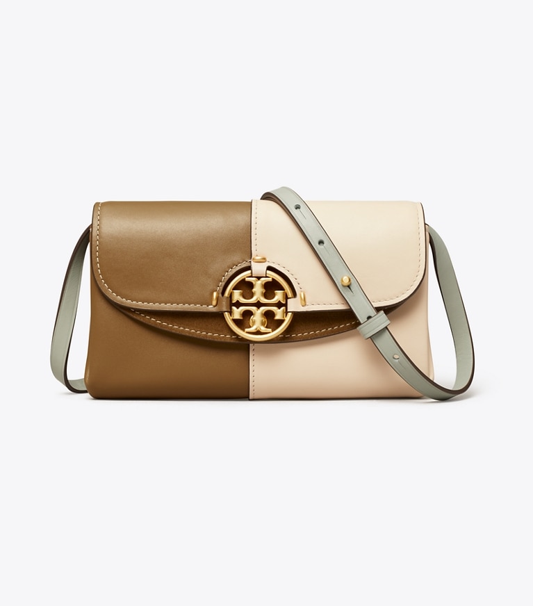 Tory Burch designer mini bags Miller Colorblock Wallet Crossbody in TOASTED SESAME / BRIE angle