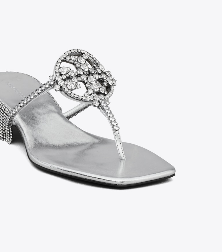 Tory Burch designer sandales Miller Cristal Kitten Heel dans SILVER / SILVER détails