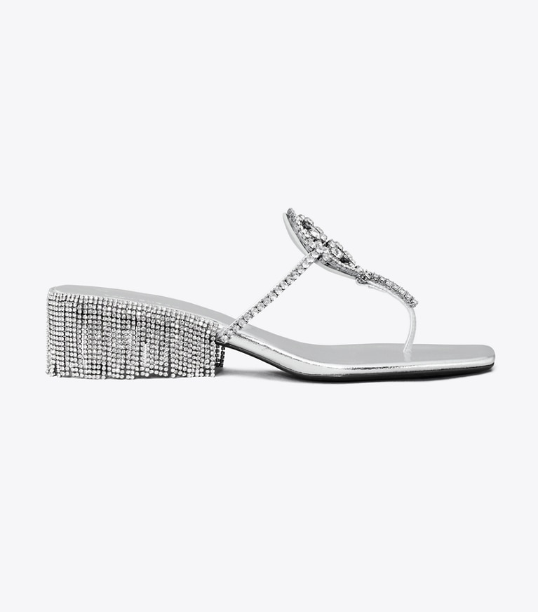 Tory Burch designer sandales Miller Cristal Kitten Heel dans SILVER / SILVER de côté