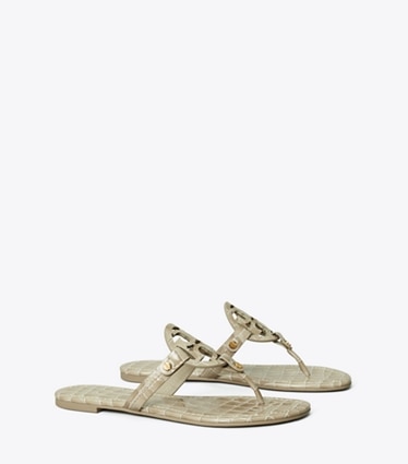 Tory Burch Women's Miller Croc Embossed Leather Sandal in Smokey Taupe, Size 5.5