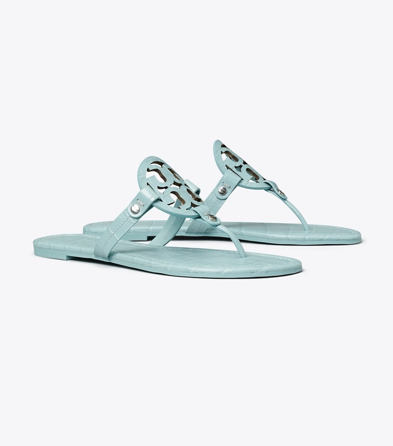 Tory Burch designer sandals Miller Croc-Embossed Leather Sandal in SKY angle