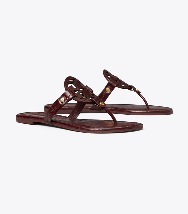 Tory Burch designer sandals Miller Croc-Embossed Leather Sandal in BORDO angle