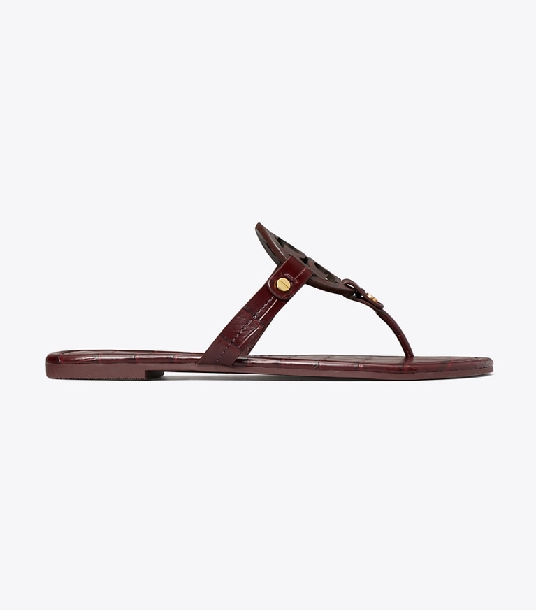 Tory Burch designer sandals Miller Croc-Embossed Leather Sandal in BORDO angle