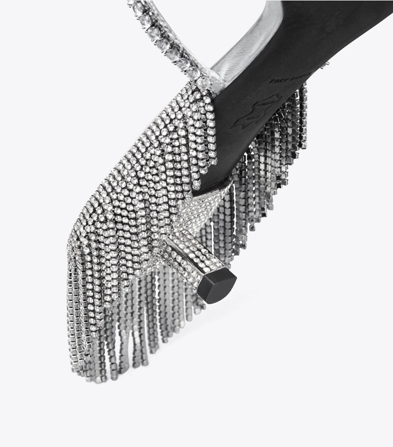 Tory Burch designer sandals Miller Crystal Kitten Heel in SILVER / SILVER angle