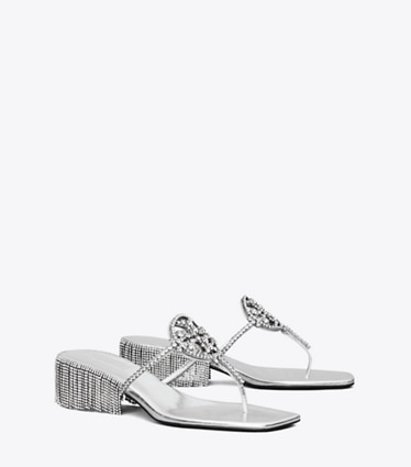 Tory Burch designer sandals Miller Crystal Kitten Heel in SILVER / SILVER angle