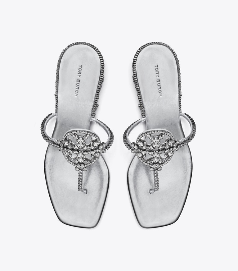 Tory Burch designer sandals Miller Crystal Kitten Heel in SILVER / SILVER angle
