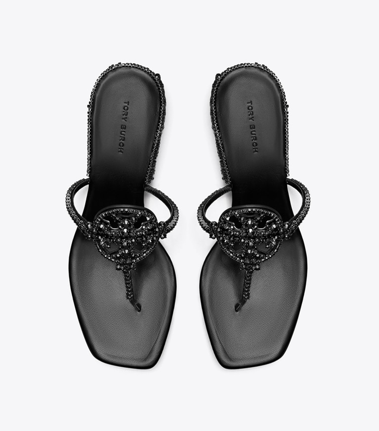 Tory Burch designer sandals Miller Crystal Kitten Heel in PERFECT BLACK / JET angle
