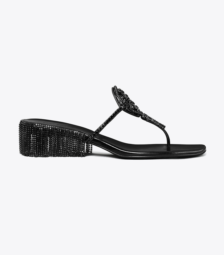 Tory Burch designer sandals Miller Crystal Kitten Heel in PERFECT BLACK / JET angle