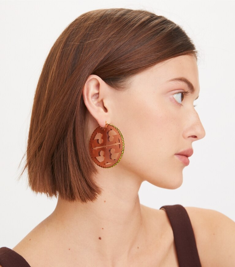 Tory Burch designer earrings Miller Crystal Resin Hoop Earring in Tory Silver / Transparent Blue front