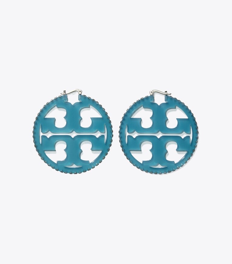 Tory Burch designer earrings Miller Crystal Resin Hoop Earring in Tory Silver / Transparent Blue front