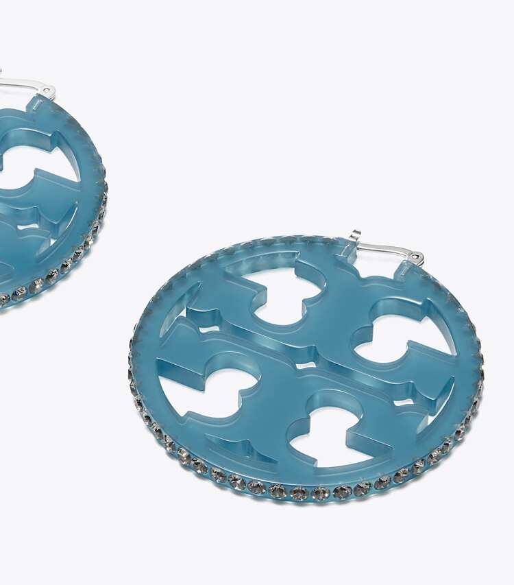 Tory Burch designer earrings Miller Crystal Resin Hoop Earring in Tory Silver / Transparent Blue detail
