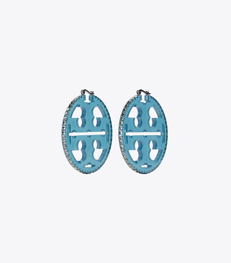 Tory Burch designer earrings Miller Crystal Resin Hoop Earring in Tory Silver / Transparent Blue front