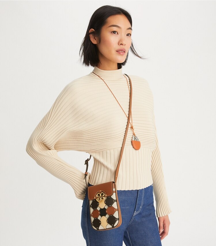 Tory Burch designer mini bags Miller Die-Cut Phone Crossbody in Neutral Multi accessory on model